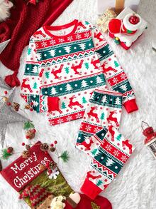 SHEIN 青少年女孩休闲时尚百搭针织圆领可爱卡通印花 T 恤和格子紧身裤睡衣套装，圣诞节搭配家庭家居服 - 彩色 - 查看 3