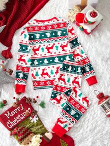 SHEIN 青少年女孩休闲时尚百搭针织圆领可爱卡通印花 T 恤和格子紧身裤睡衣套装，圣诞节搭配家庭家居服 - 彩色 - 查看 10