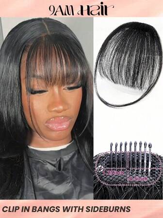 Human Hair Air Bangs With Sideburns 1B Bangs Clip In Hair Extension Beginner Friendly Wear Real Easy To Wear Natural Black Color
