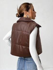 SHEIN EZwear 女式棕色无袖短款 PU 皮革夹棉大衣 - 巧克力棕 - 查看 2