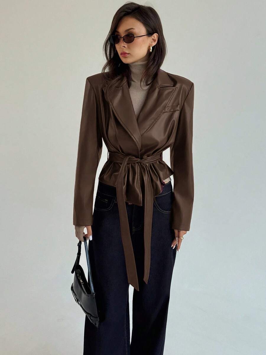 Aloruh Women's Fashion PU Leather Belt Suit Jacket Autumn/Winter Leather Blazer Office Suit Commuter Set, Slim Fit, Simple Workplace Attire