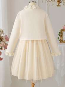 SHEIN 青少年女孩人造毛皮拼布欧根纱荷叶边夹克和网眼罩层连衣裙优雅两件套 - 米色 - 查看 2