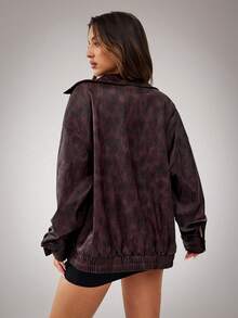 SHEIN BAE BAE 女式复古时尚落肩宽松拉链夹克，适合秋季棕色仿皮斑驳纹理水洗 PU 做旧服装圣诞女装冬季女装万圣节女装 - 酒紅色 - 查看 2