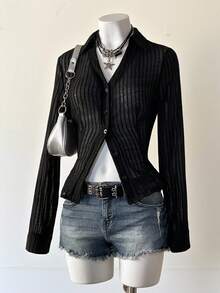 Jeanoix Women's Solid Color Minimalist Long Sleeve Textured Striped Sheer Blouse, Everyday Wear