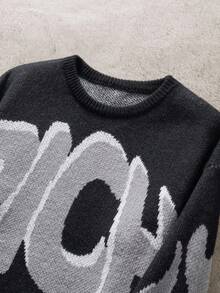 Manfinity EMRG 男士休闲字母图案针织衫，秋冬季圆领印花毛衣，返校季，复古风，长袖上衣 - 黑色 - 查看 5