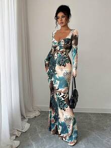 Rafferiza 优雅合身豹纹鱼尾连衣裙，正面扭纹细节，长袖 - 彩色 - 查看 5