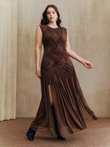 Anewsta Plus Size Women's Brown Coffee Sleeveless Mesh Tassel Street Style Elegant Dress, Suitable For Fall, Winter, Spring, New Year, Party, Wedding, Chic, Stylish, Cozy, Thanksgiving - Brown - View 4