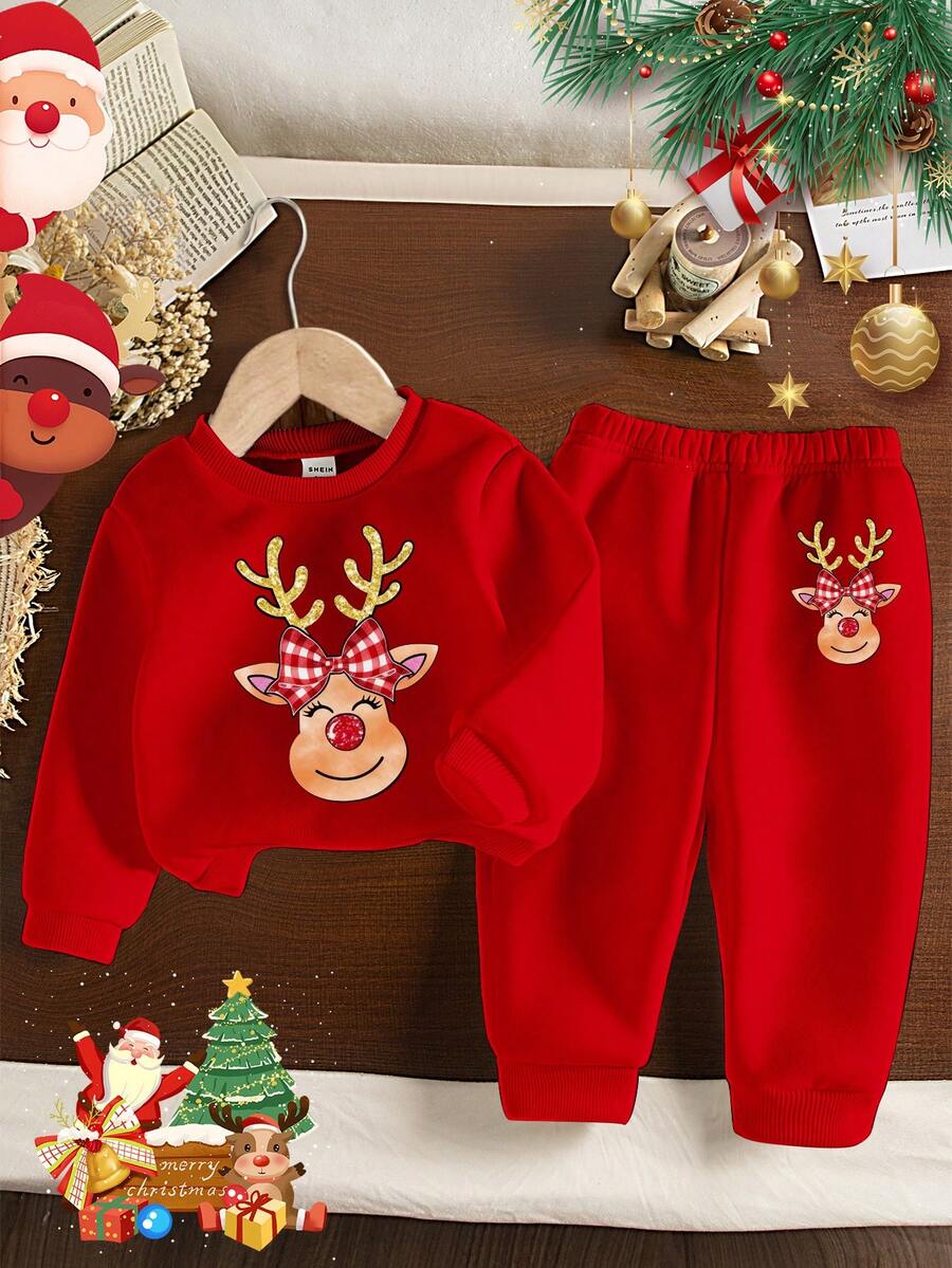 SHEIN 1 套女婴休闲圣诞驯鹿印花羊毛长袖圆领运动衫和裤子套装,适合秋冬户外穿着,圣诞节假期风格 - 彩色 - 查看 1
