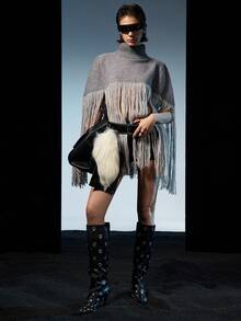 LYSMO Áo len cổ lọ tua rua trơn màu thường ngày cho nữ, mùa thu - Xám - Xem 8