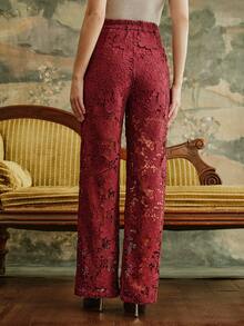 Anewsta 女士直筒优雅花卉蕾丝镂空长裙，适合秋季、冬季、新年，优雅、别致、时尚，圣诞节、外出穿着 - 酒紅色 - 查看 3