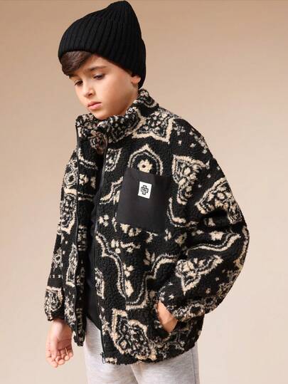 SUMWON Tween Boys Paisley Borg Zip Up Jacket Sherpa Fleece Winter Outerwear