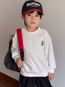 SHEIN 2件套女童圣诞刺绣图案保暖内衬休闲套头卫衣套装 - 紅白色 - 查看 8