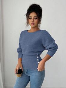 Elenzga Women's New Autumn/Winter Single-Piece Design Batwing Sleeve High-End Buttoned Minimalist Everyday Knit Long Sleeve Top - Blue - View 6