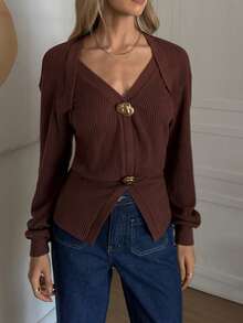 Elyressa Women's French Terry Patchwork Metal Button Decor Polo Collar Long Sleeve T-Shirt, Elegant For Commuting In Winter - Coffee Brown - View 5