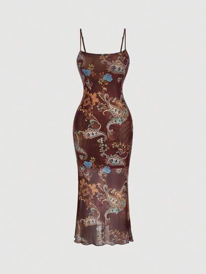 SHEIN MOD Vintage Paisley Brown Mid-Length Dress For Women