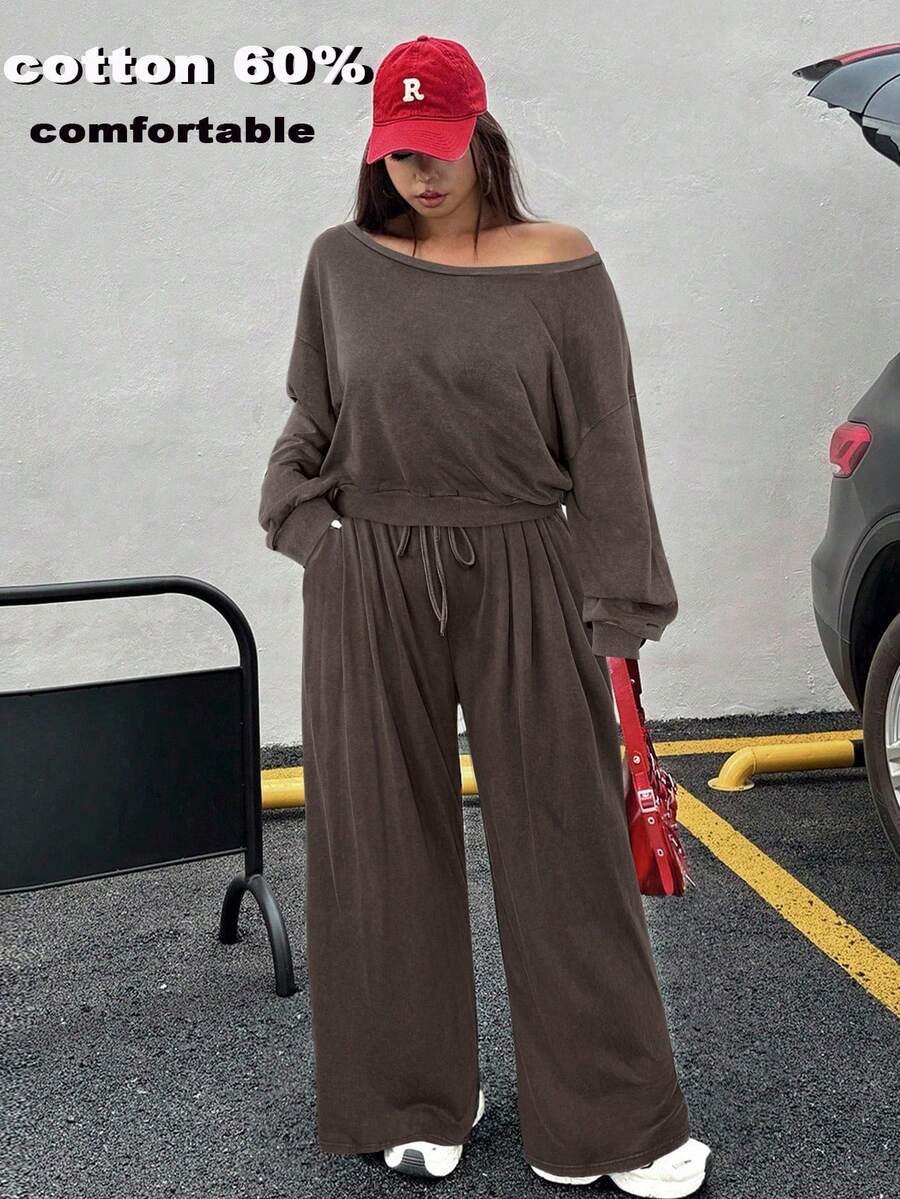 SHEIN EZwear Conjunto de moletom e calça plus size casual com ombros assimétricos, lavagem ácida, estilo folgado, ideal para outono, Natal e Ano Novo.