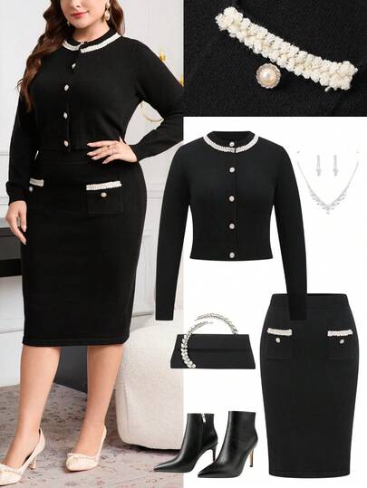 Ellevyn Plus Size Pearl Button Embellished Sweater Set, Knit Cardigan & Skirt Suit, Black Knit Cardigan & Pencil Skirt Set, Elegant For Party & Gathering, Vintage Fitted Sweater & Mini Skirt Suit,Elegant Ladies Knitted Skirt Suit, Knitted Sweater & Knitted Dress Set, Black Knitted Skirt Suit With Pearl Collar Decoration, Stretchy & Comfortable, Women Sets ,Fall Sets Women,Setup Autumn Winter Women,Cozy Fall And Winter Clothes For Women,Christmas Clothes,Christmas Sweater,Cardigan And Skirt Set,Cardigan,Christmas Outfit For Women,Christmas Women's Clothing,Christmas Party Dress,New Year Clothes, New Year Outfit,New Year Women's Clothes,New Year Look,Clothes For New Year