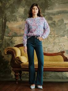 Anewsta Women's New Ditsy Floral Sweater, Multicolor, Sweet & Loose Fit Crew Neck Pullover Sweater, Autumn/Winter