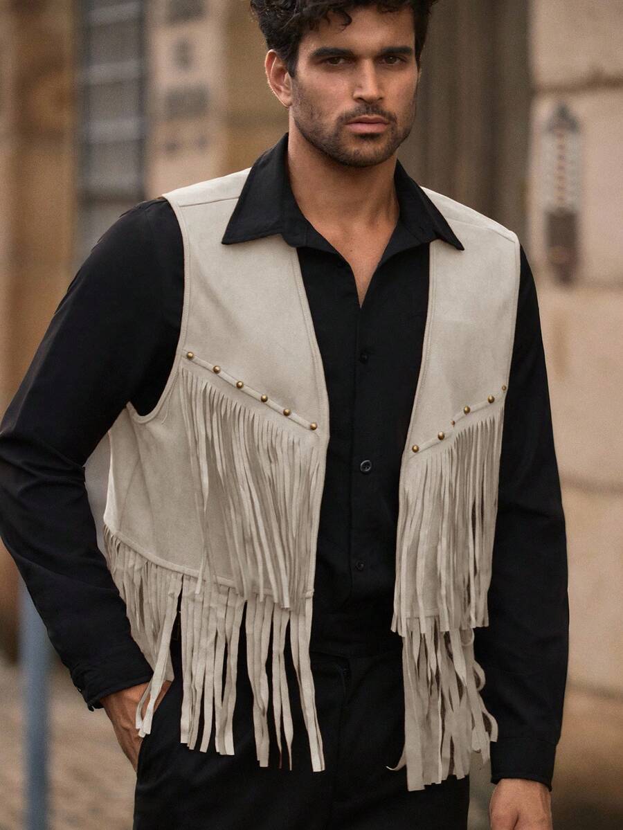 Manfinity NXTstreet Men's Suedette Jacket With Rivet Decor And Tassel, For Winter - Apricot - View 1