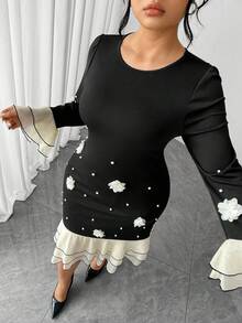 Elenzga Plus Size Women Elegant Mermaid Hem Round Neck Long Sleeve Beaded Decor Fitted Dress, Autumn/Winter