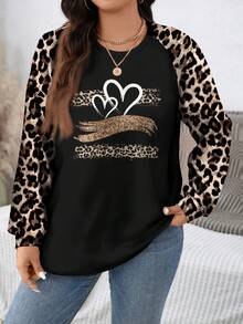 EMERY ROSE Sudadera con estampado de leopardo vintage y textura de corazón en patchwork, adecuada para otoño/invierno, talla grande - Multicolor - Ver 4