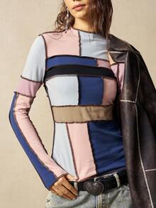 Bohemela 休闲针织拼布设计长袖修身女式T恤 - 彩色 - 查看 6