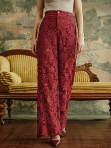 Anewsta 女士直筒优雅花卉蕾丝镂空长裙，适合秋季、冬季、新年，优雅、别致、时尚，圣诞节、外出穿着 - 酒紅色 - 查看 5