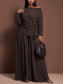 Veslaya 2025秋冬大码女装套装，优雅不对称肩部褶皱腰身长袖上衣搭配阔腿裤，适合乡村音乐会、婚礼、约会、正式场合等场合。 - 棕色 - 查看 10