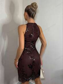 Glamine Charm 女士优雅派对夏装，无袖，紧身，拉链开合，亮片装饰，适合节日派对服装 - 棕色 - 查看 2