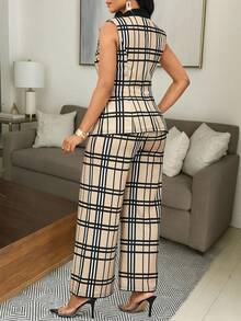 SHEIN Lady Plaid Print Contrast Black Collar Women's Suit Set Suitable For Office And Daily Wear Casual Sets For Women Autumn Winter Clothes For Women - Multicolor - View 2