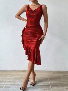 Rafferiza Solid Color Ruffle Decor A-Line Dress For New Year Holiday Party Clothes Maxi Women Outfit - Red - View 6
