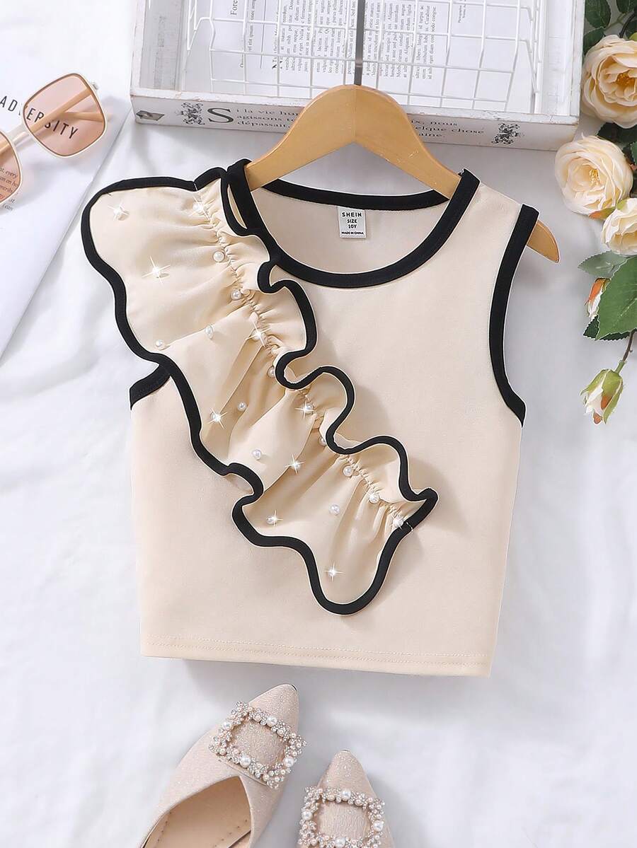 Sparklyn Tween Girl 不对称珍珠荷叶边无袖背心，夏季 - 杏色 - 查看 1