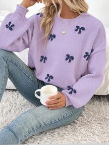 EMERY ROSE Autumn/Winter New Stylish Blogger Same Style Bow Design Casual Pullover Sweater - Multicolor - View 5