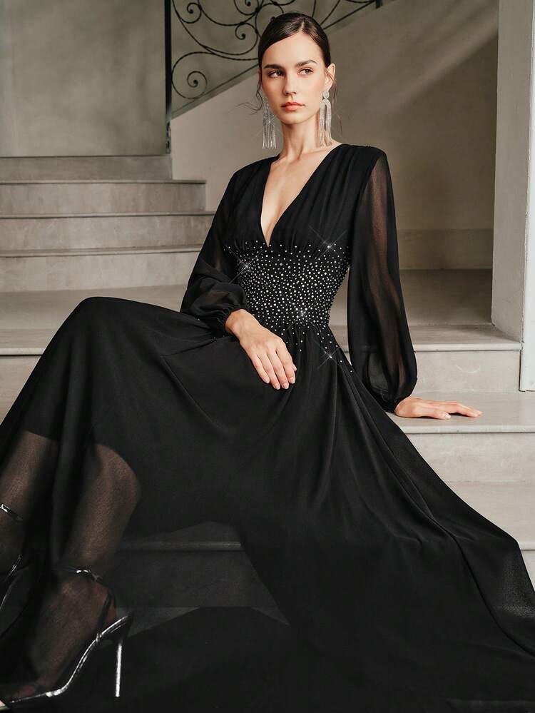 Abito da sera lungo a maniche lunghe in chiffon nero, con applicazioni di strass, linea ad A, elegante e sofisticato, adatto per feste di compleanno, Capodanno, inverno