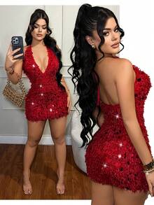 SHEIN SXY Đầm ngắn hở lưng đính sequin đỏ thời trang gợi cảm dự tiệc - Đỏ - Xem 6