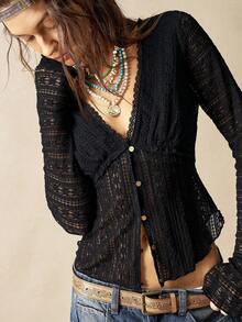 Bohemela BOHO Casual Solid Color Knit Lace Long Sleeve V-Neck Fitted Women Top Lace Cardigan Cowboy Western - Black - View 4