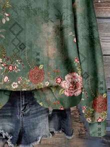 EMERY ROSE Plus Size Women Casual Floral Print Sweatshirt, Vintage Style, Suitable For  Women Sweatshirts Green Floral Sweatshirt With Prints,Spring