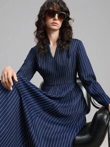 Ontre Váy dệt dáng rộng thoải mái có cổ cho nữ, vải sọc họa tiết màu xanh navy, cổ tròn có điểm nhấn cổ chữ V nhỏ, tay áo 3/4, cạp cao kèm chân váy xòe, trang phục công sở thường ngày sang trọng, phong cách đi làm tinh tế, thời trang sân bay chất lượng cao, váy đa năng quanh năm, thích hợp cho tiệc tùng, Giáng sinh và mặc hàng ngày - Màu xanh hải quân - Xem 3