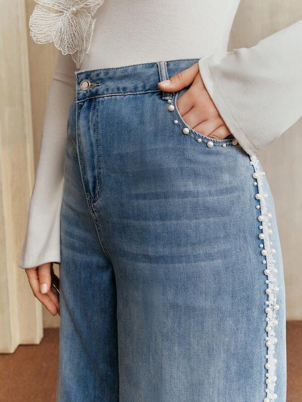 Anewsta Pantalones rectos de mezclilla azul con adornos de strass, adecuados para otoño, invierno, Año Nuevo, elegantes, elegantes, con estilo, Navidad, salir