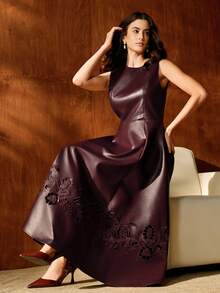 Anewsta Burgundy Elegant Floral Embroidered Lace Hollow Out Backless Waist Cinching Summer Evening Dress,Chic Dining Party Wedding Dress For Fall Winter - Brown - View 7
