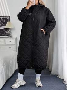 SHEIN CURVE+ Curve 加大码/秋装/秋季女装/女士冬装/冬装女士加大码黑色休闲连帽厚棉衣，适合冬季