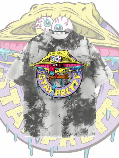 SpongeBob SquarePants | SHEIN Men's Tie-Dye & Cartoon Pattern Round Neck Short Sleeve T-Shirt