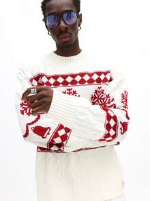 SUMWON Christmas Holiday Knit Sweater With Snowflake And Bell Patterns For Festive Winter Celebrations Casual - Red and White - View 4