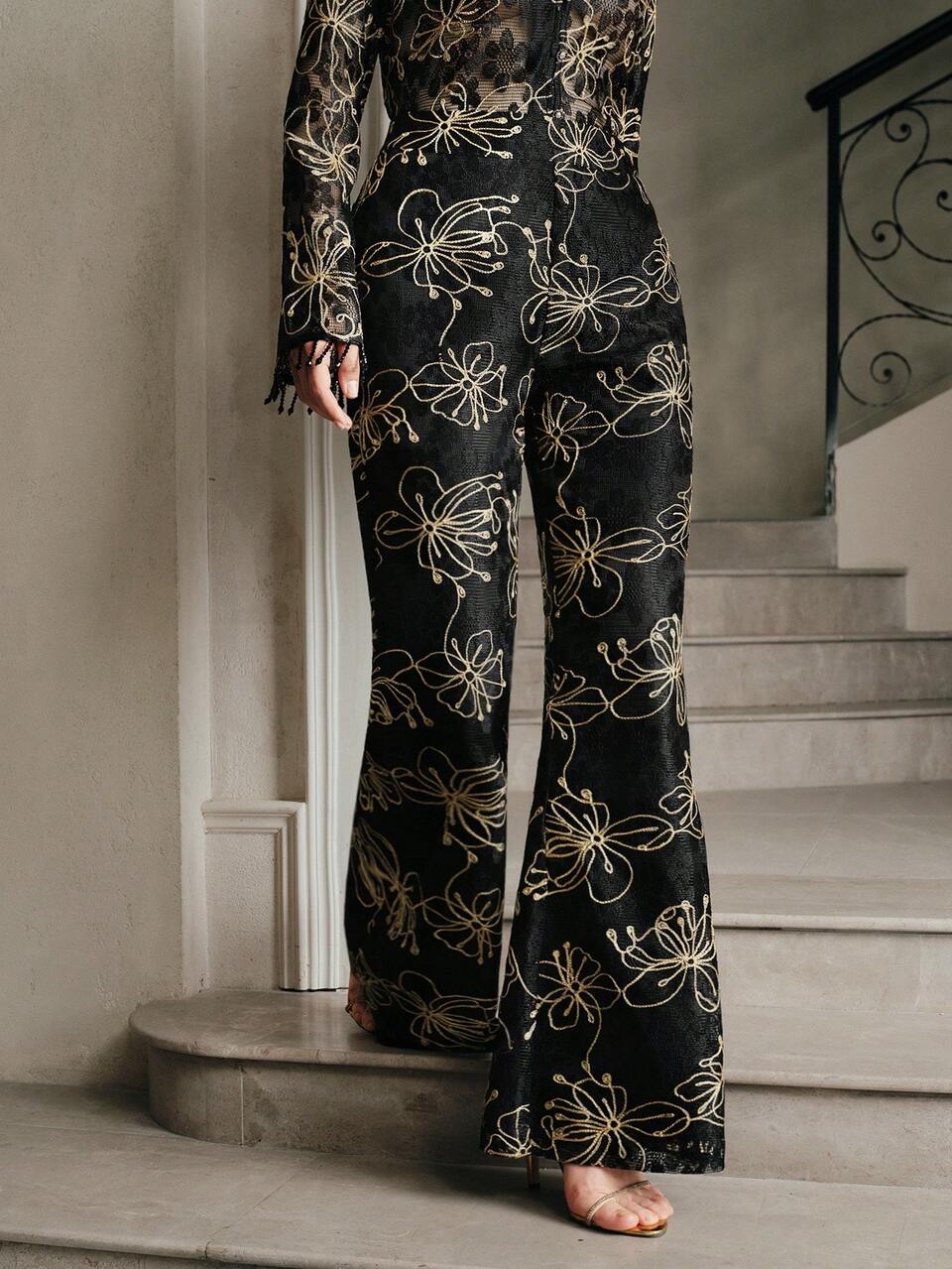 Anewsta Elegant Lace Gold Embroidered Textured Slim Fit Flare Pants, Suitable For Festivals, Celebrations, Casual Kaftan Robe Dress