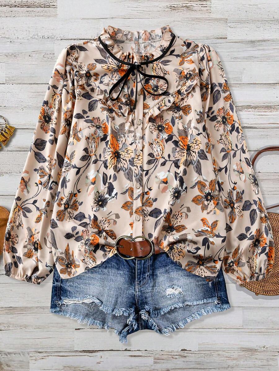 EMERY ROSE Damen Bluse mit Blume Muster, Langarm, Rüschenkragen, lässiger Landhausstil