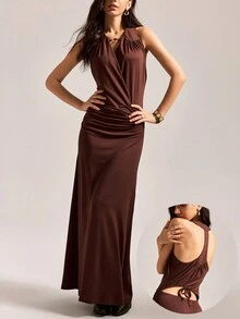 Easelle Vintage Brown Knitted Dress With Neck Tie For Women  Fall Clothes For Women Long And Slim Fit  Elegant Dresses For Party - Coffee Brown - View 2