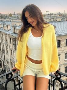 Aloruh Áo len cardigan dáng rộng màu vàng kem dự tiệc Homecoming cơ bản, thích hợp mặc hàng ngày, tiệc trà, du lịch, thu/đông - Vàng nhạt - Xem 2