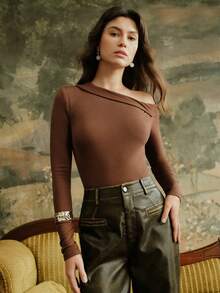 Anewsta Women's New Arrival Long Sleeve Brown/Coffee Asymmetrical Shoulder Elegant Blouse, Autumn/Winter - Brown - View 4