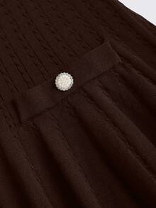 SHEIN Clasi 初秋法式优雅海军蓝镂空复古荷叶边下摆优雅长袖短款针织通勤连衣裙 - 咖啡棕 - 查看 5