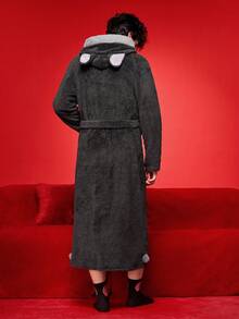 Men's Cozy Contrast Color 3D Ear Design Long Sleeve Hooded Belted Robe, Fluffy, Winter, Christmas - Multicolor - View 2